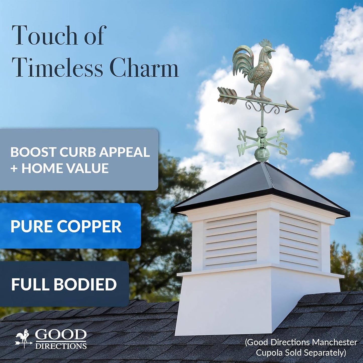 Good Directions Bantam Rooster Copper Weathervane, Includes Adjustable Roof Mount for Easy Installation - Blue Verde Copper