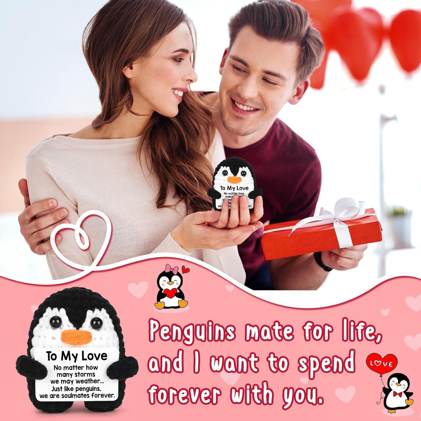 Gifts for Him Her Boyfriend Girlfriend, To My Love Handmade Crochet Mini Penguin Anniversary Birthday Gifts for Women Men, Romantic Valentines I Love You Gifts for Wife Husband Couples Cute Decor
