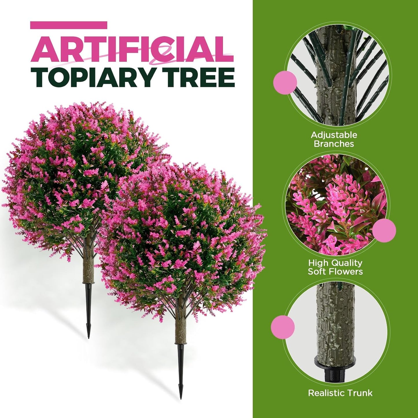2 Pack 24" Artificial Topiary Ball Plants Trees with Flowers, Outdoor Fake Topiary Plants with Ground Spike, UV Resistant Faux Bushes for Indoor Outdoor Front Door Decor(Rose Pink,Lavender)