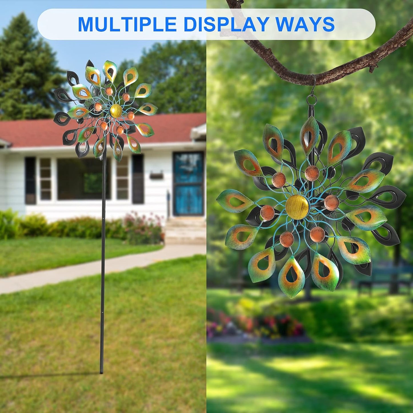 63 Inch Kinetic Wind Spinners with Stake, Metal Windmill Garden Decorations, 360 Swivel Peacock Outdoor Wind Sculpture, Dual Direction Wind Catcher for Yard Art, Lawn Decor, Idea Gifts