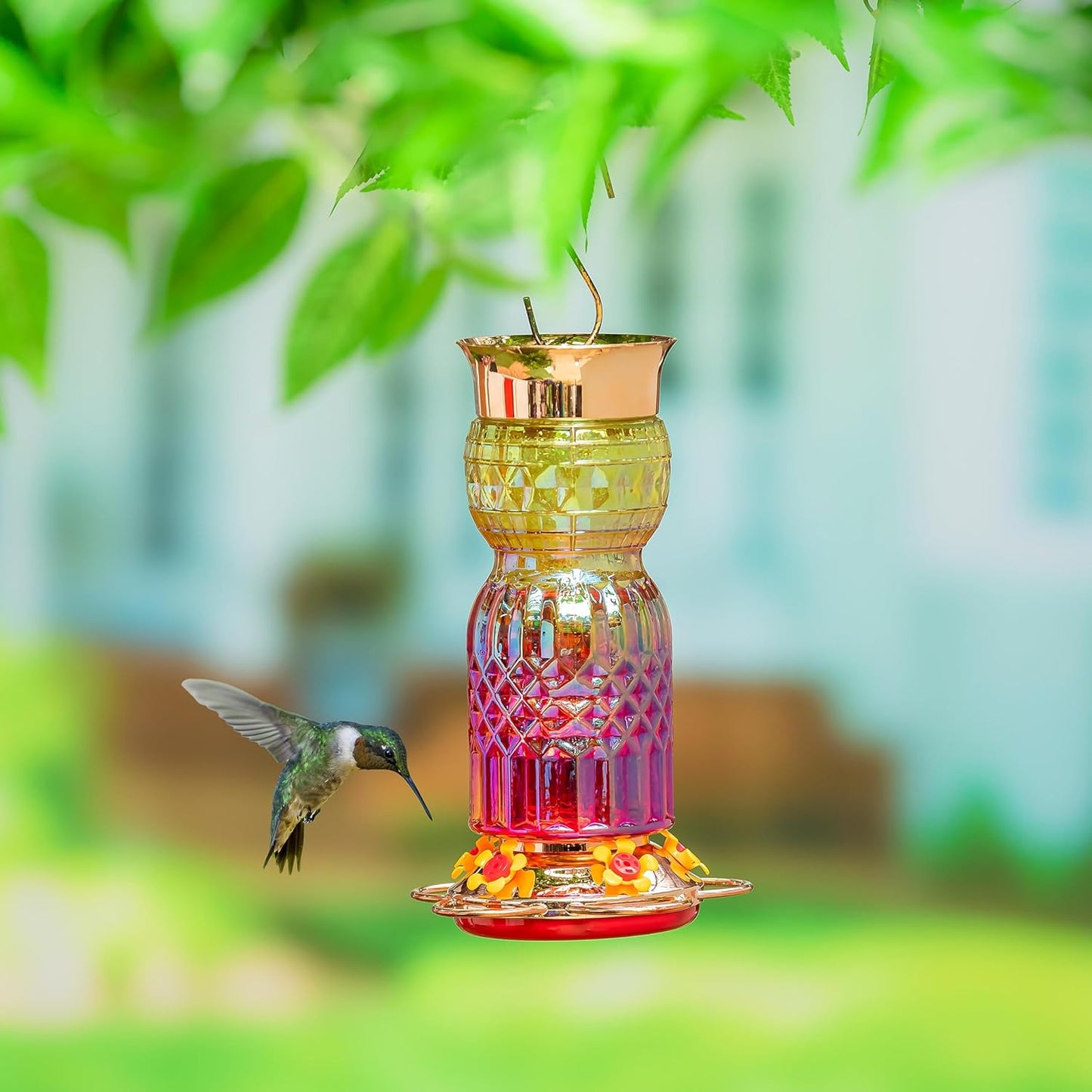 Evergreen Garden Iridescent Glass Hummingbird Feeder, 31 Ounces Hangin