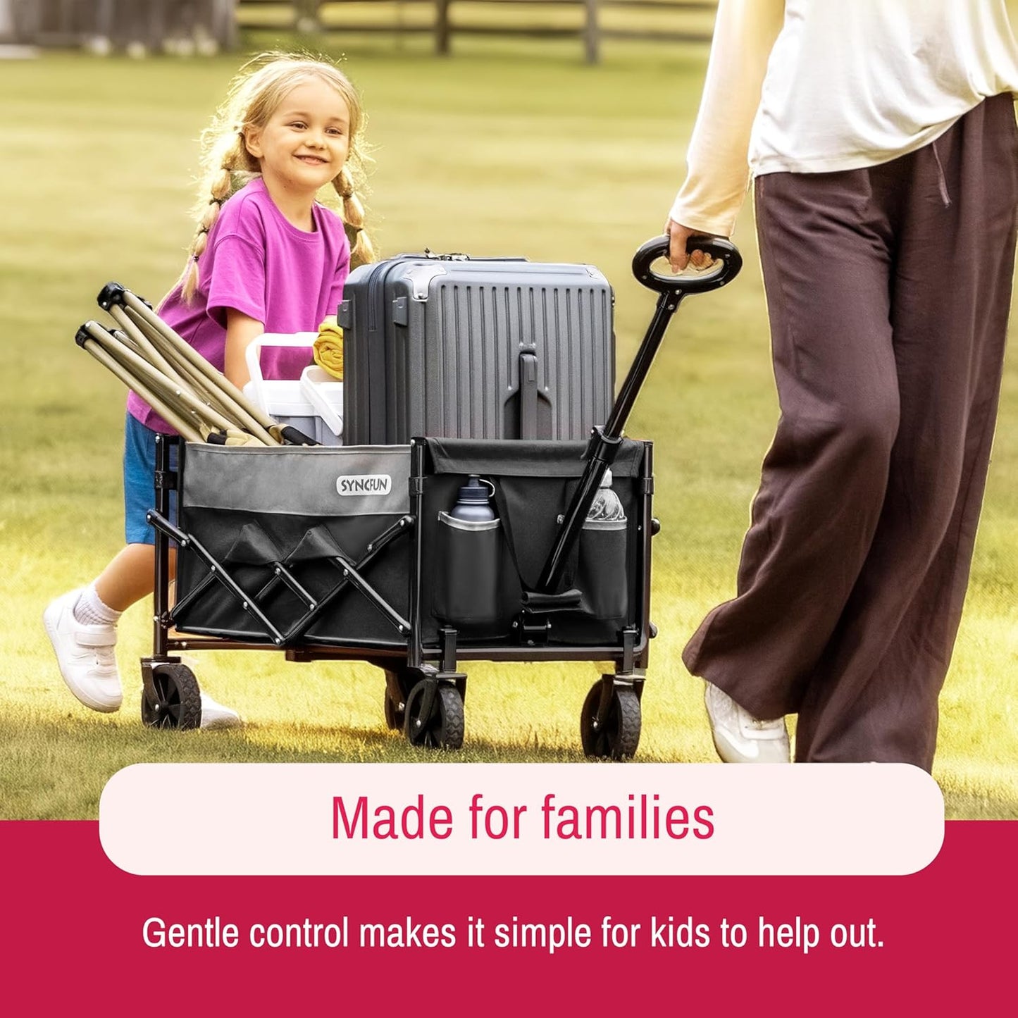 SYNCFUN Collapsible Wagon Cart Foldable 300lbs, Portable Rolling Shopping Carts with Wheels, All Terrain Folding Sport Beach Wagons, Heavy Duty Garden Utility Cart for Groceries Fishing, Black
