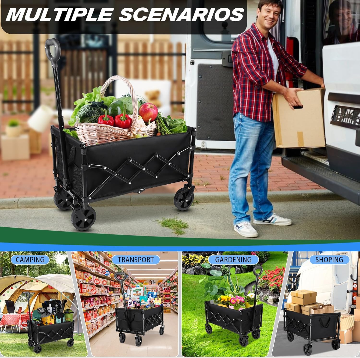 Collapsible Wagon Cart with 360lbs Weight Capacity, Lightweight Portab