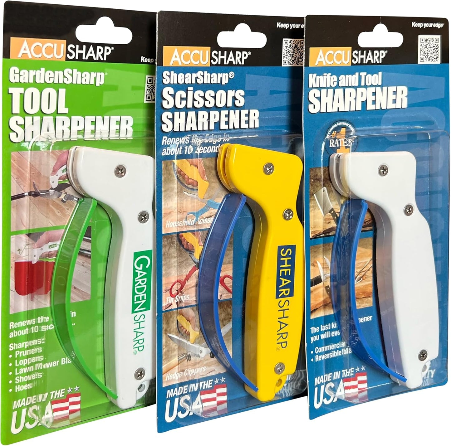 AccuSharp Multi-Pack Hand-Held Carbide Blade Sharpener, Knife, Garden Tool and Scissor Sharpener, Restores, Repairs & Hones Blades & Edges, 3-Pack