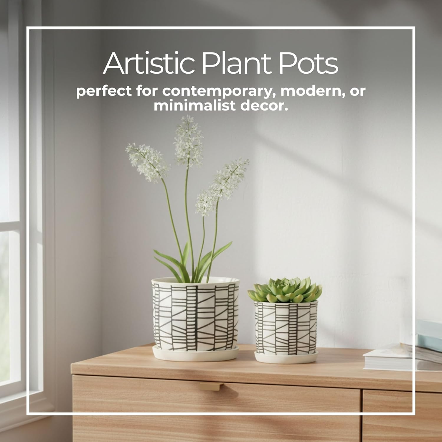 Set of 2 Geometric Decorative Ceramic Planter Pots with Saucer – Stone
