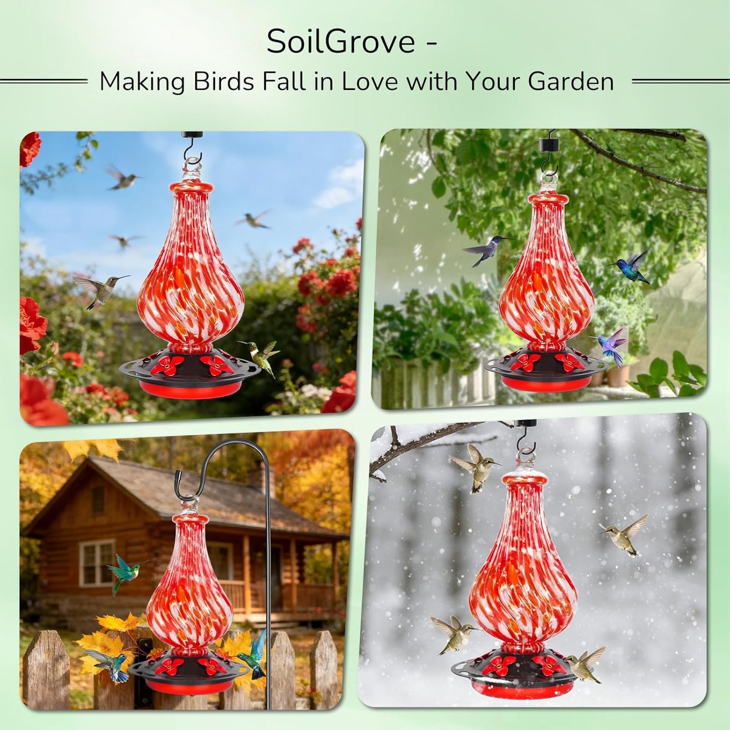 Glass Hummingbird Feeder,24oz Red Hand Blown Humming Bird Feeders for Outdoors Hanging with 5 Feeding Ports & Ant Moat,Unique Gifts for Women Men,Hanging Garden Decor
