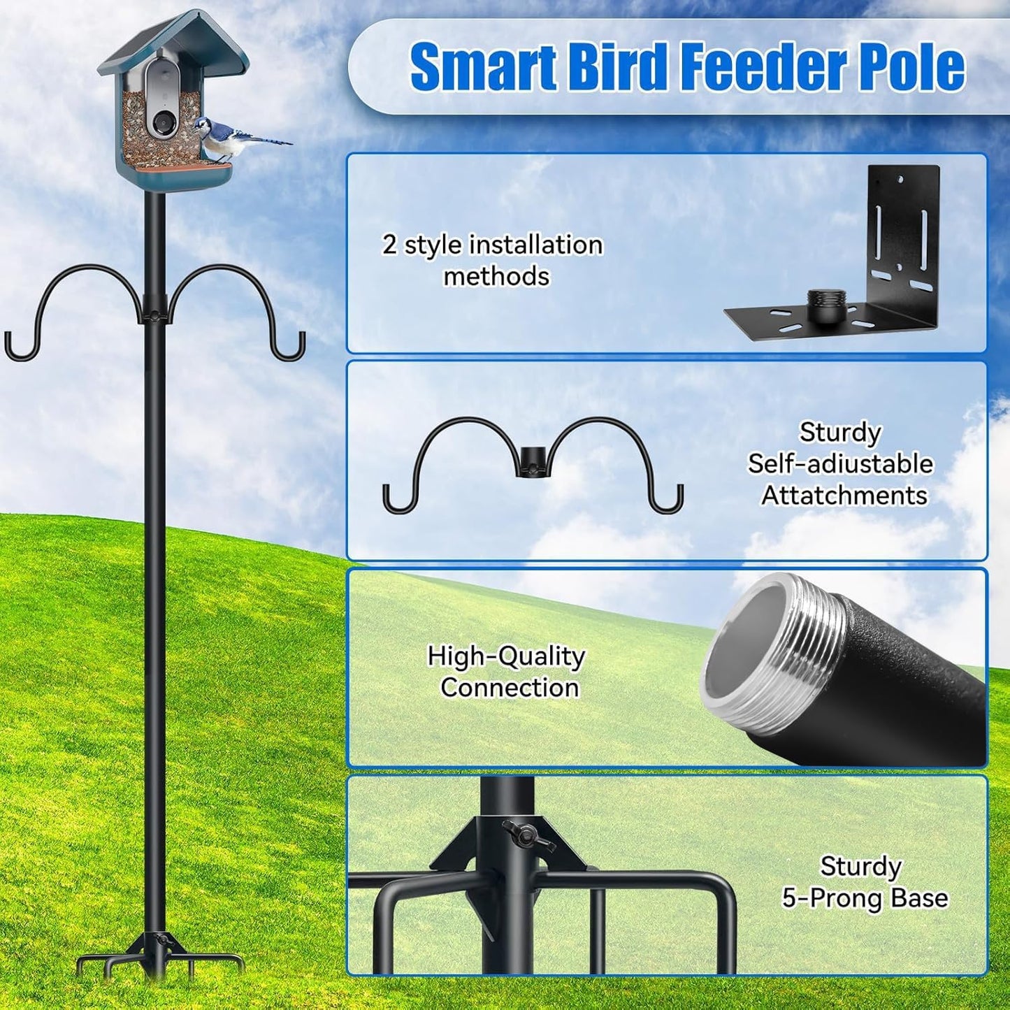 QwayHome 92Inch Smart Bird Feeder Pole, Bird House Pole Mount Kit for Outdoor Smart Bird Feeder & Wooden Birdhouse & Weather Station, 1Inch Dia Poles, with 5-Prong Base, 2Pc Shepherd Hook