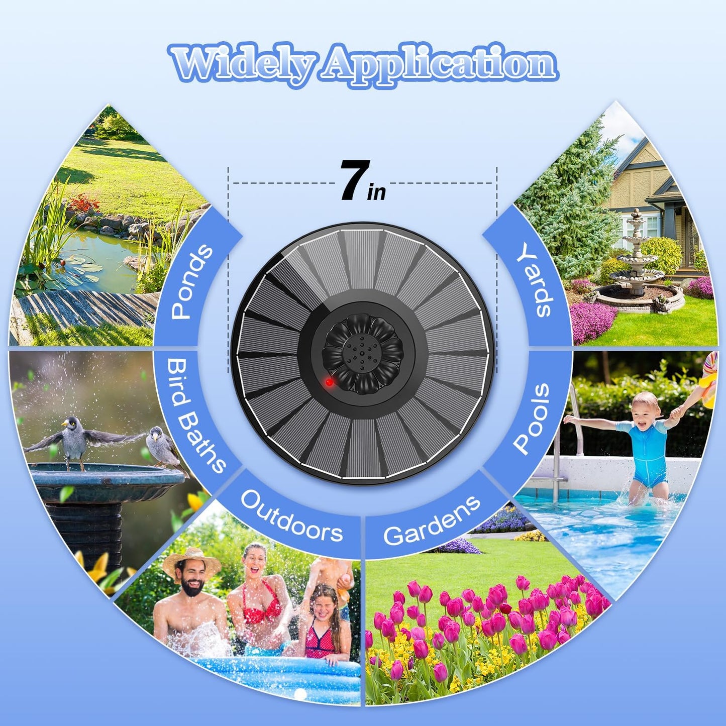 Yzert Solar Fountain with 2000mAh Battery & Innovative Indicator, 3.5W Glass Solar Water Fountain Pump Works in Cloudy Day with 7 Nozzles for Bird Baths, Gardens, Ponds, Pools, Outdoors (Black)