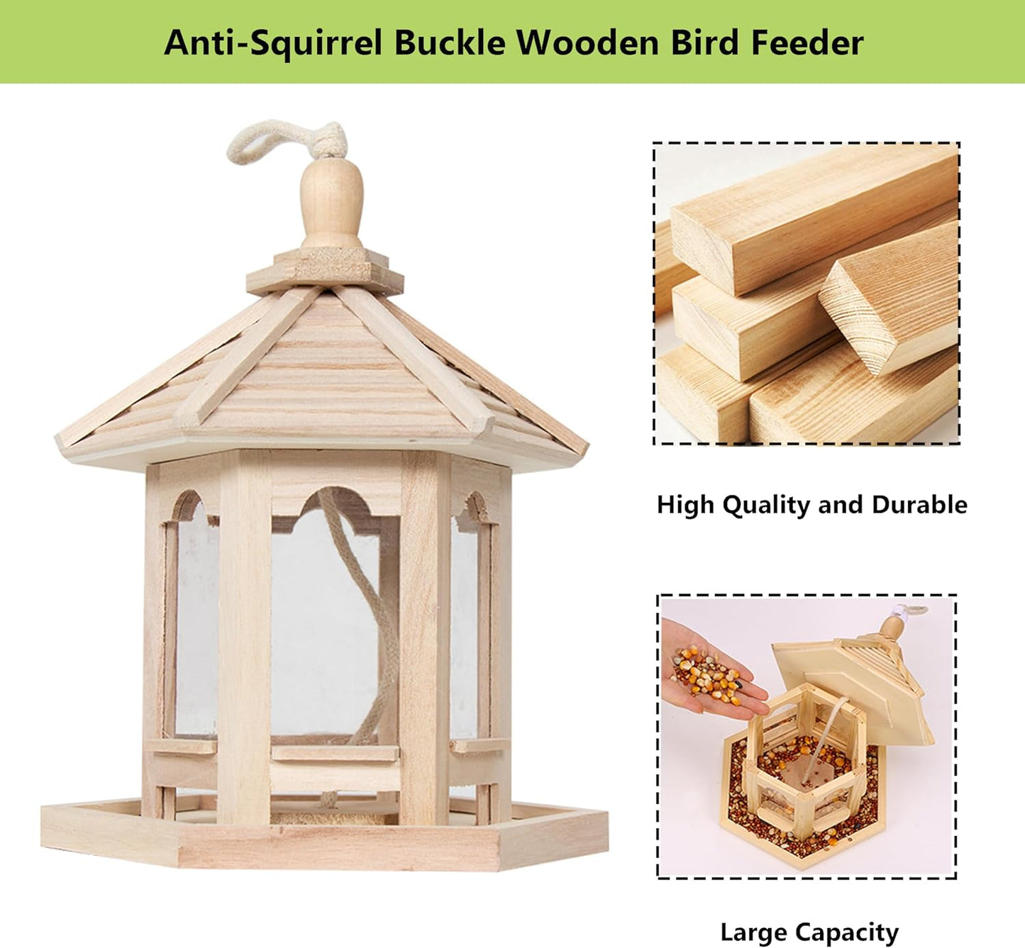 Wooden Bird Feeder for Outside Garden,Hanging Bird Feeders Wood Hexagon Shaped Gazebo Large Capacity for Cardinal Sparrow Finch