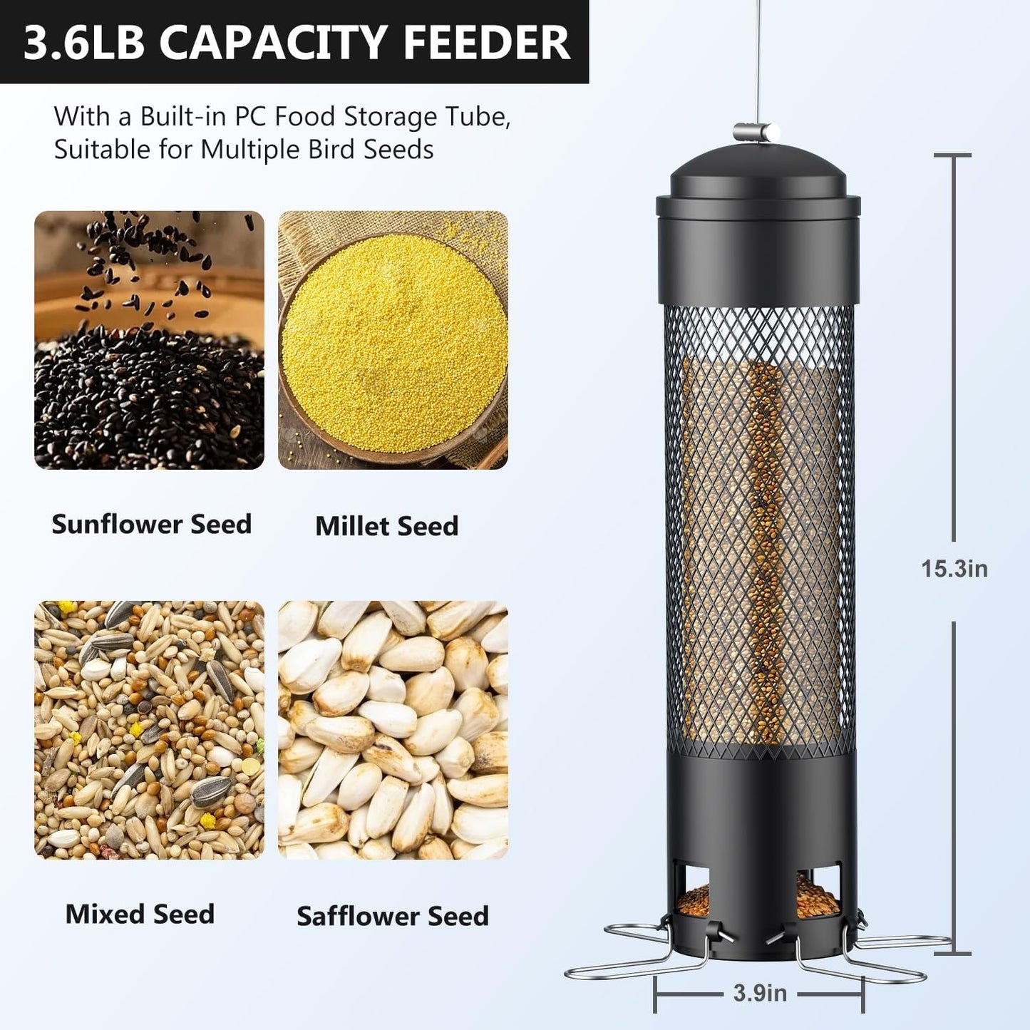 LCSEVEN Bird Feeders for Outdoors Squirrel Proof with Weight-Activated Perches, Hanging Bird Feeder for Outside, Metal Feeder for Wild Cardinal, Finch, Blue Jay, Chickadee, 3.6LB Seed Capacity, Black
