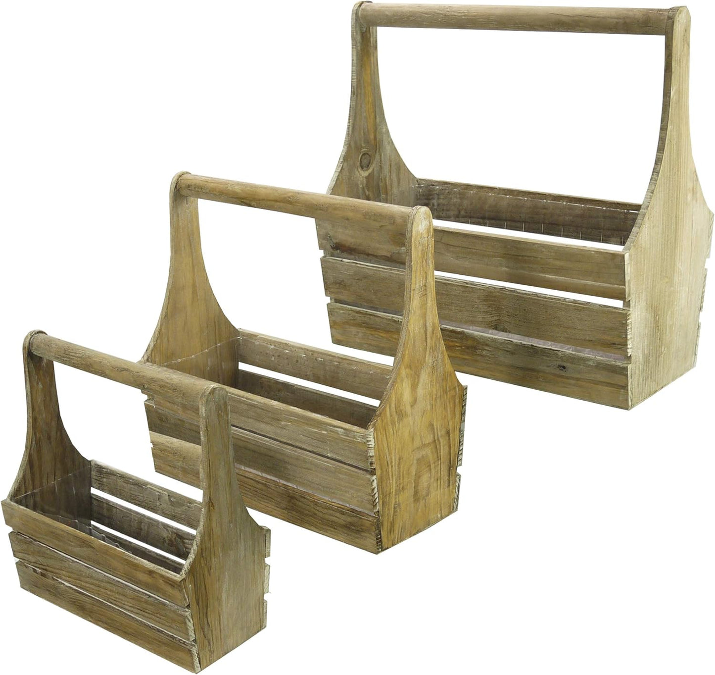 Admired By Nature Set of 3 Caddy Holder-Handcrafted Decorative Wooden Bottle Carrier Planter In Indoor Garden for Plants, Plant Pots, Cactus Succulent Pots Planter Plants w/Hard Liner, Rustic White