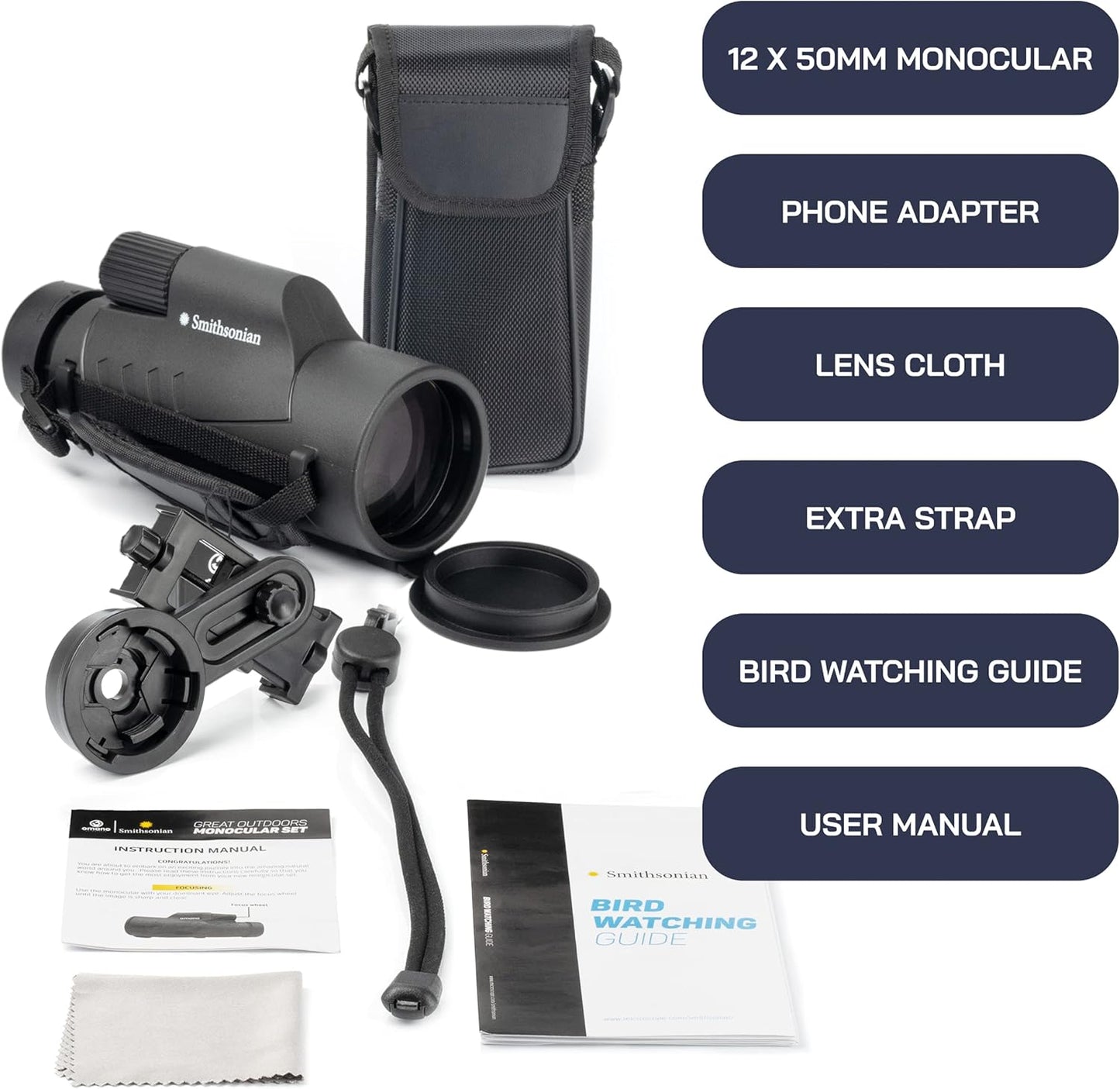 Omano Smithsonian 12x50 Monocular Telescope with Smartphone Adaptor – Monoculars for Adults - High Powered Telescope – Ideal Monocular for Bird Watching and Nature Enthusiasts – HD monocular telescope
