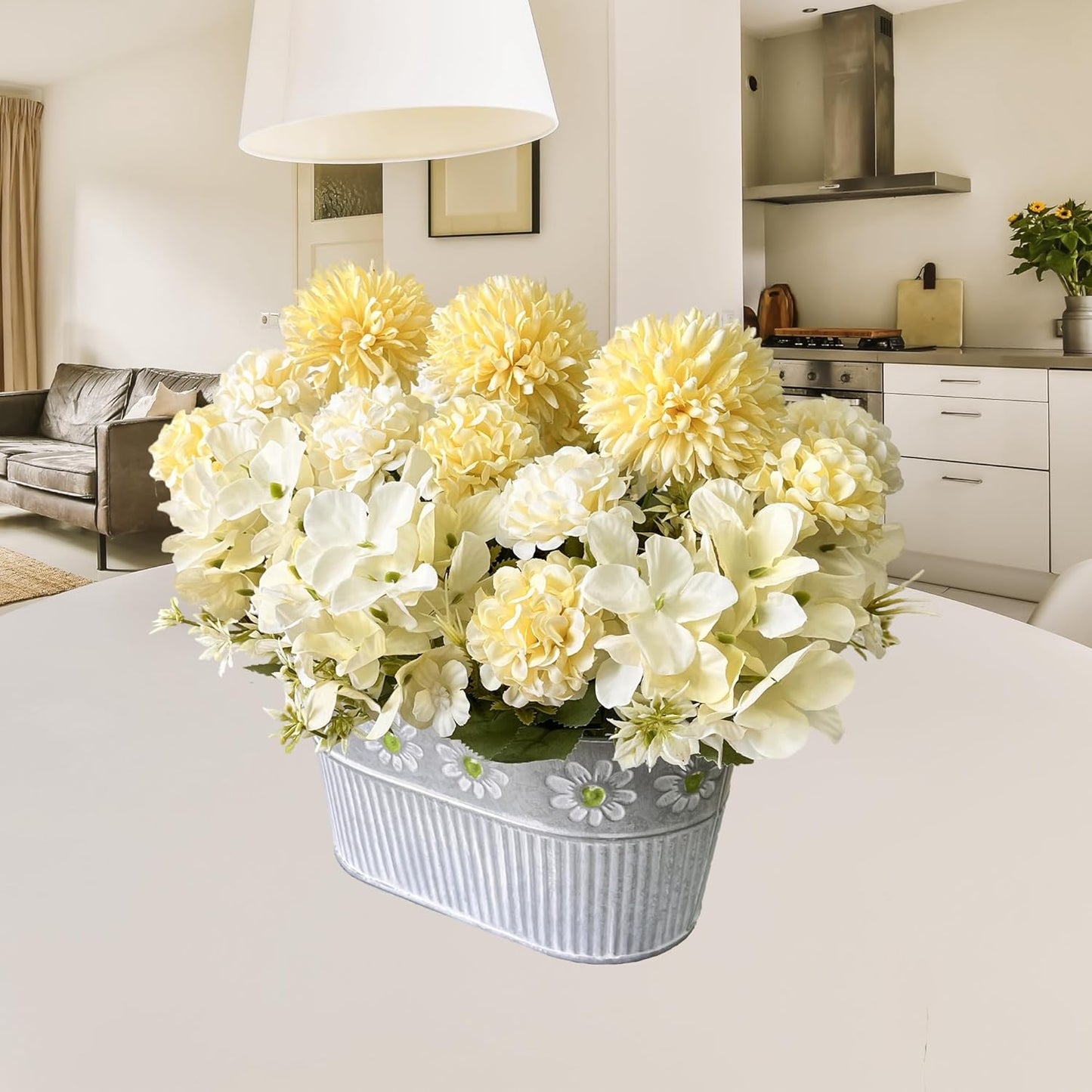 Artificial Flowers in Pot, Fake Silk Hydrangea Flower Arrangement Table Centerpiece for Home Decoration, Yellow