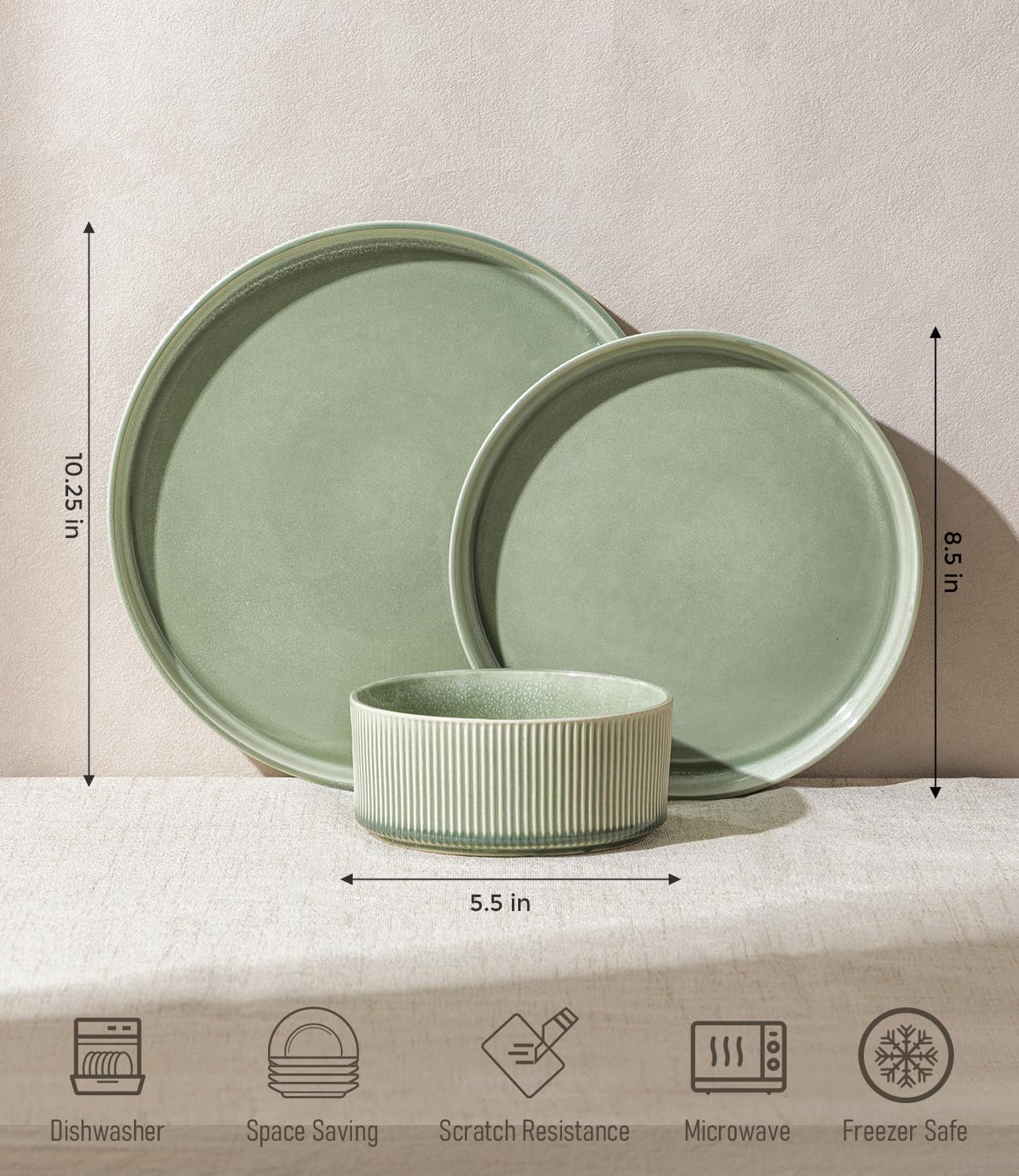 GBHOME 24-Piece Stoneware Dinnerware Set for 8 – Ribbed Ceramic Plates