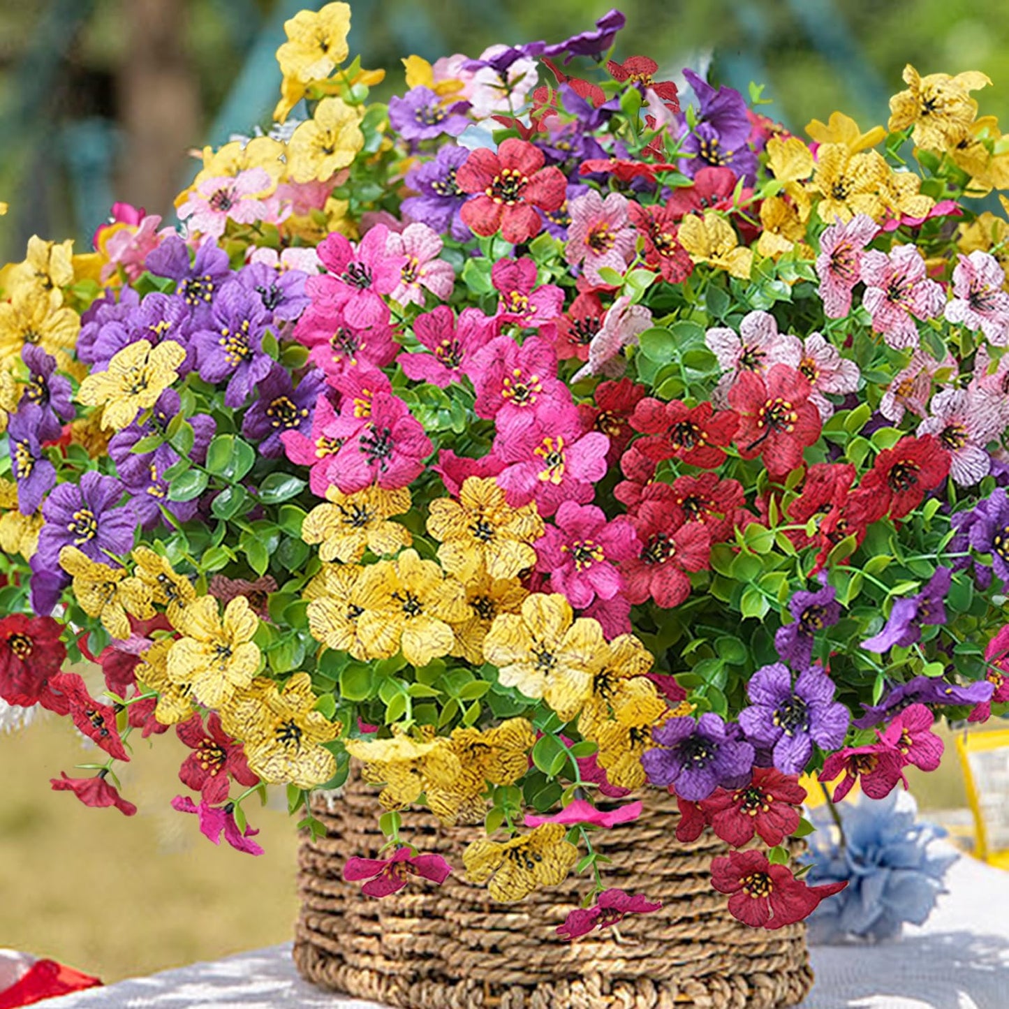 Artificial Flowers for Outdoor, UV Resistant Fake Silk Flowers, Realistic Faux Plants for Outside Indoor Porch Patio Window Box Planter Home Decor (20, Yellow Purple Rosy Pink Red)