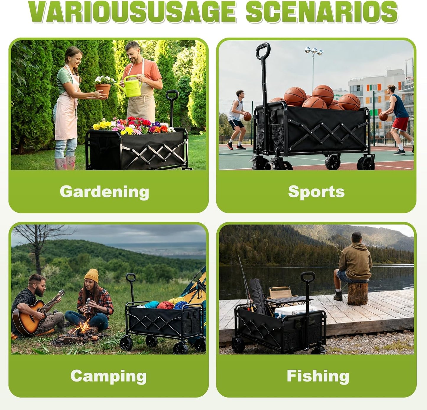 Collapsible Folding Wagon Cart with Wheel - 360LBS Heavy Duty Foldable Wagon Carts with All Terrain Wheels & breakes, Portable Lightweight Wagon Cart for Sports/Groceries/Camping/Fishing/Gardening