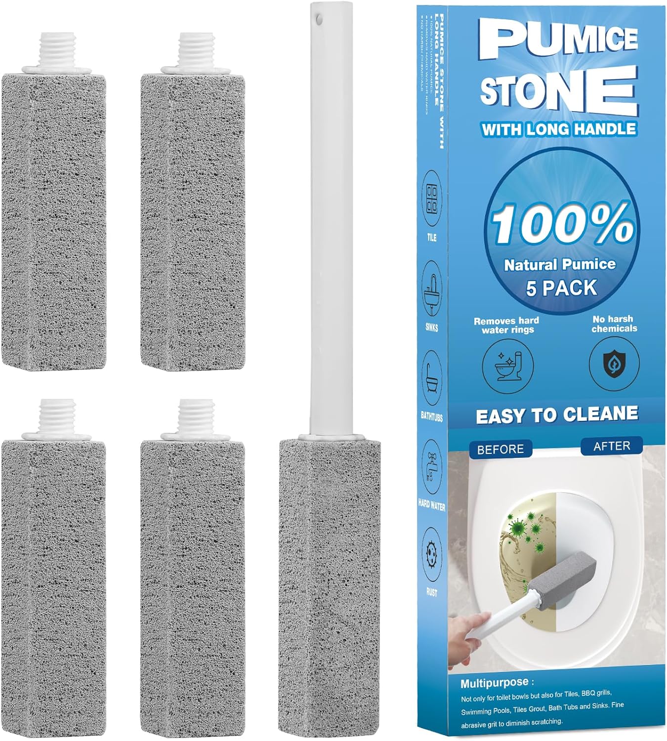 5 Packs Pumice Cleaning Stone with Extra Long Handle, Pumice Stone for