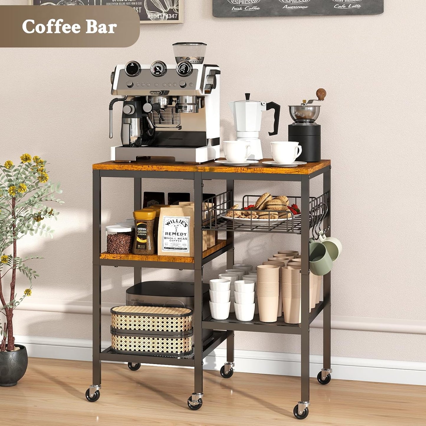 Hadulcet 4-Tier Adjustable Microwave Stand with Storage on Wheels - Rolling Kitchen Cart & Mobile Coffee Bar, Standing Baker's Rack for Kitchen Island, Office, Living Room