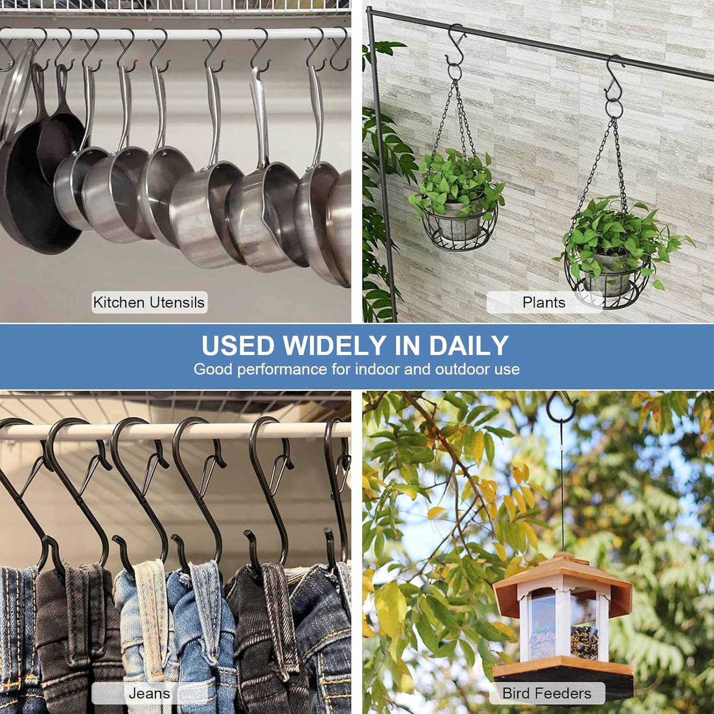 6 Pack S Hooks for Hanging, 3.5 inch Safety Buckle Design Heavy Duty Metal Black S Hooks for Hanging Plants, Pots, Pans, Cups, Clothes, Towels, Bags in Kitchen, Bathroom, Closet, Garden