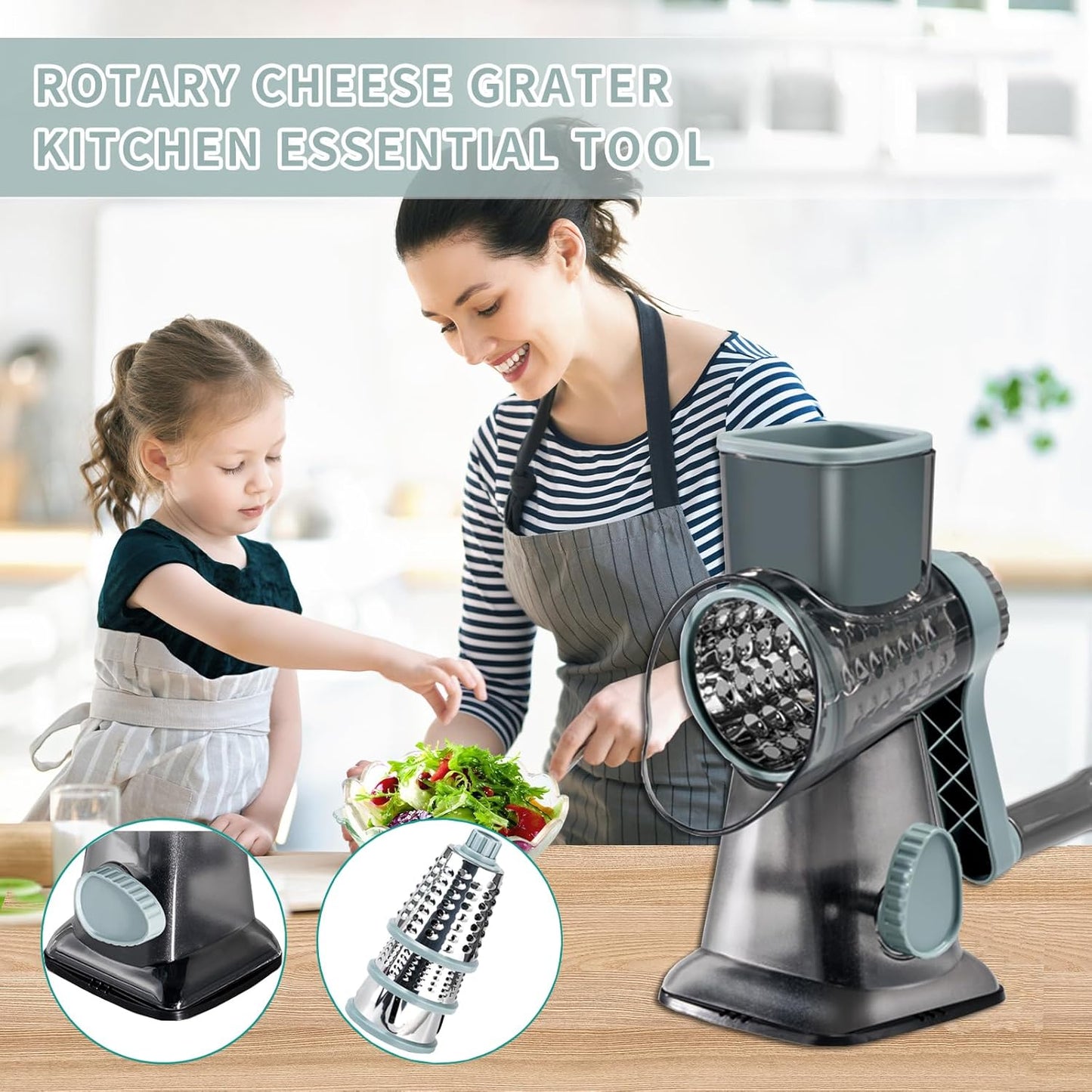 Cheese Grater with Handle, Multifunctional Manual Rotary Cheese Grater - Cheese Shredder Easily Chop Carrots, Potatoes, Vegetables and Fruits and Easy to Clean(blue)