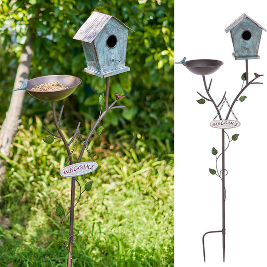 Bird Baths and BirdHouses with Pole, Distressed Metal Bird Bath Bowl a