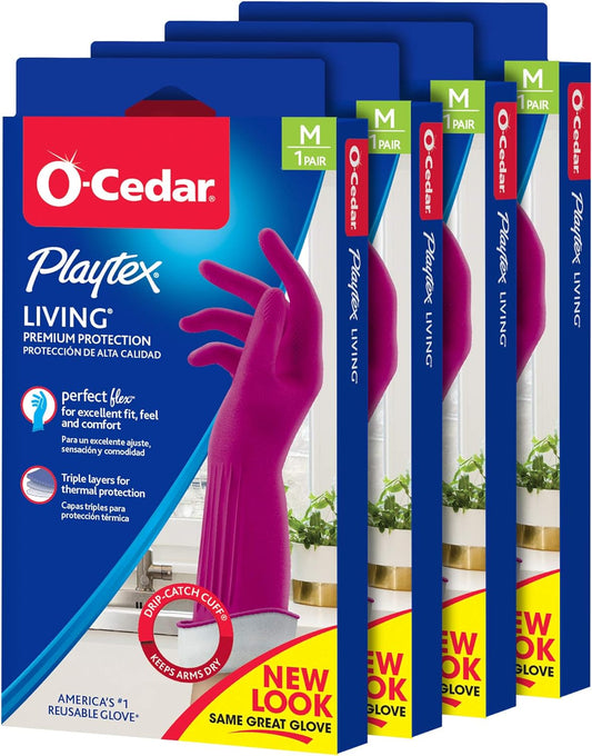O-Cedar Playtex Gloves Living Reuseable Rubber Cleaning Gloves, Premium Protection, Size - Medium (1 Pair) - 4 Pack