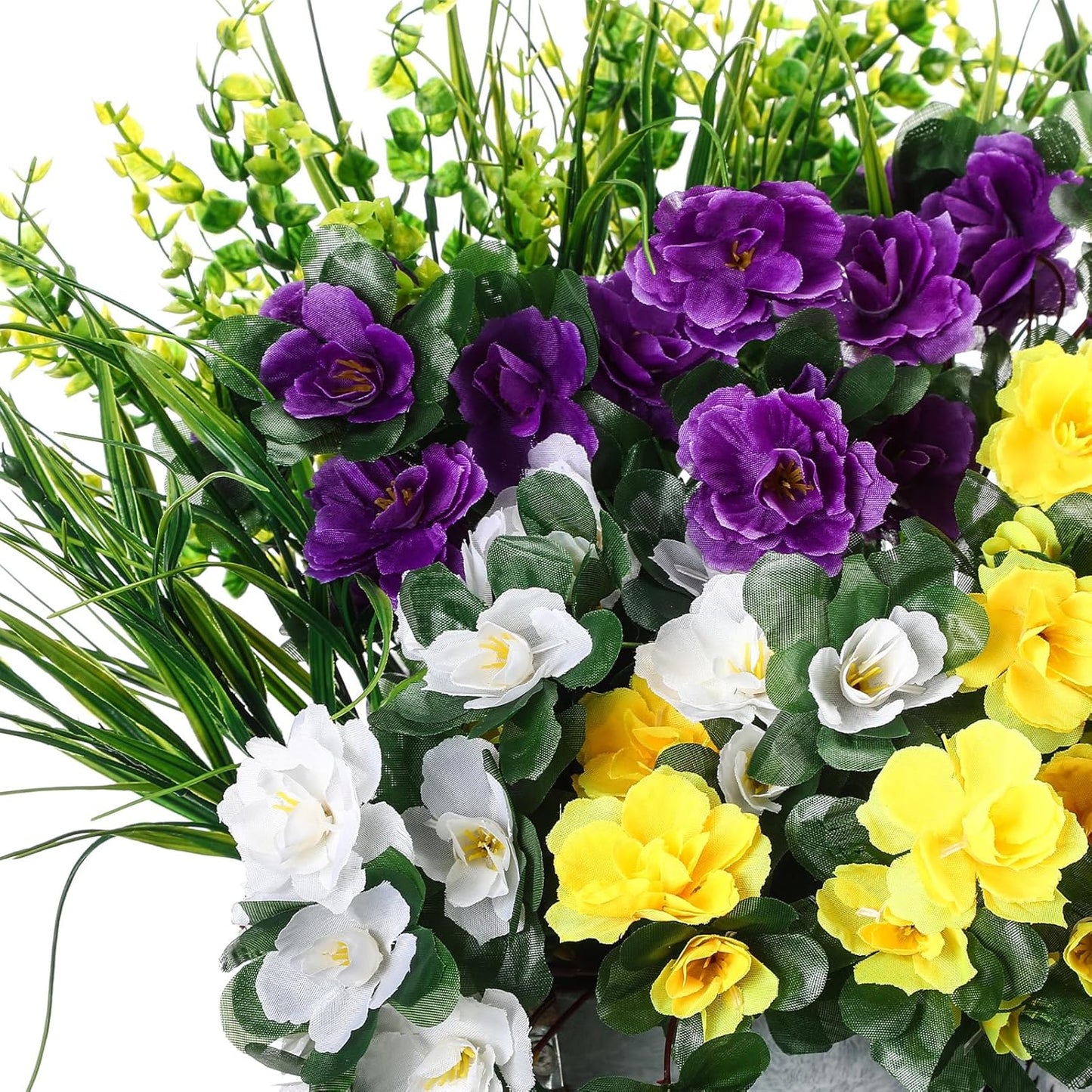 12pcs Artificial Flowers for Outdoor Fake Silk Camellia UV Resistant Realistic Eucalyptus Leaves Fake Grass Greenery for Front Door Porch Planter Pot Patio Balcony Decor(Classic)