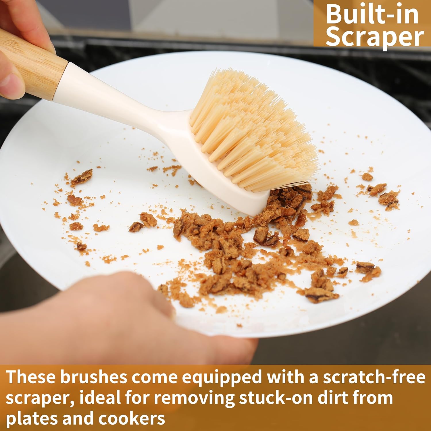 2 Pack Kitchen Dish Brush Bamboo Handle Dish Scrubber Built-in Scraper