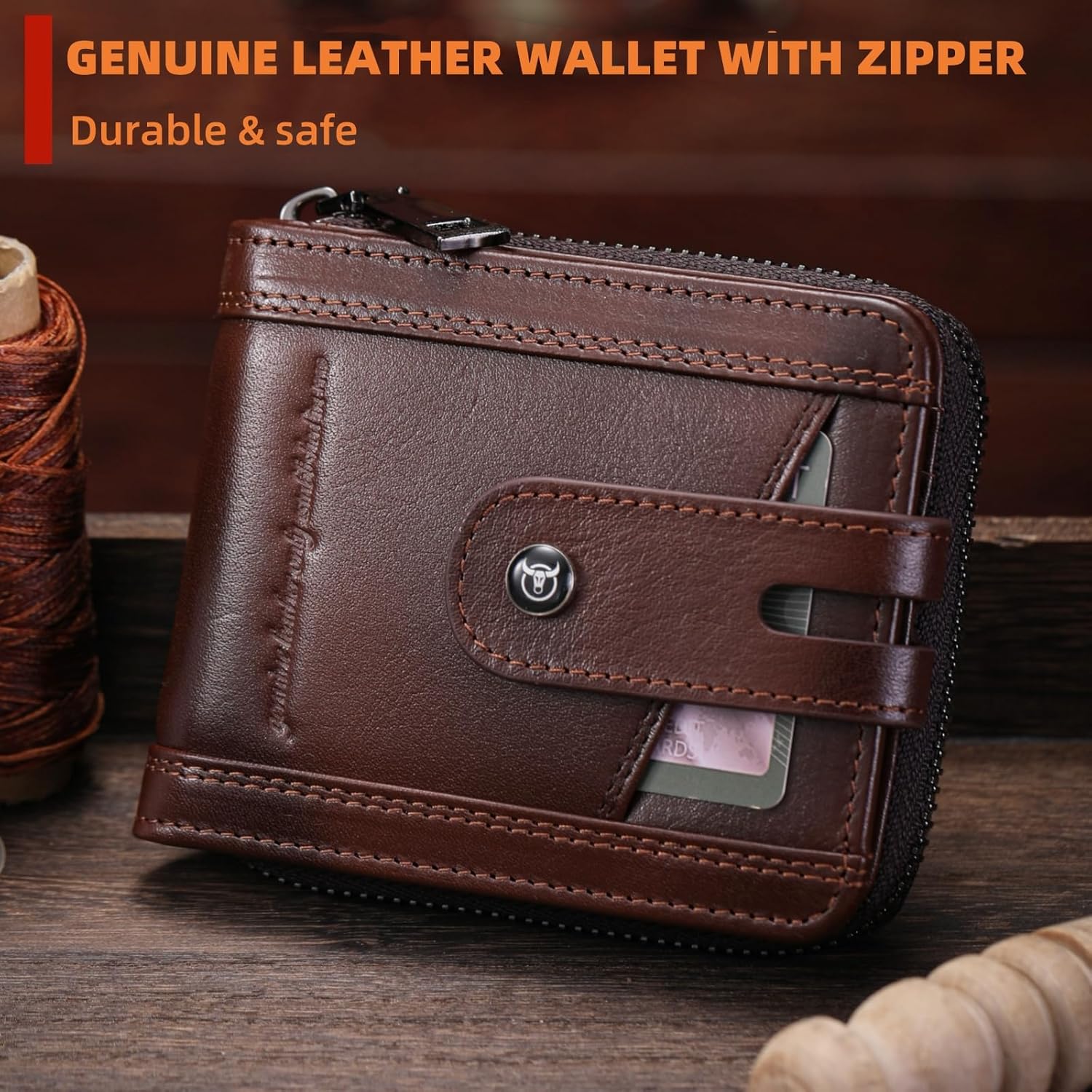 BULLCAPTAIN Genuine Leather Men's Wallet with Zipper Vintage RFID Bloc