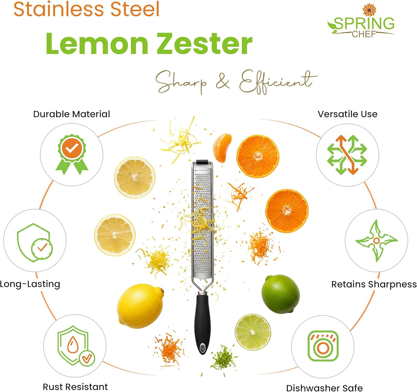 Spring Chef Stainless Steel Lemon Zester Grater with Handle - Garlic, Cheese, Parmesan, Nutmeg, Lime, Ginger Grater - Heavy Duty Kitchen Tool - Citrus Zester with Blade Cover - Fine Shred - Black
