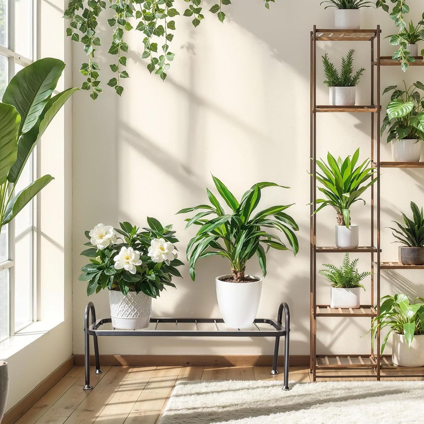 Metal Plant Stand Indoor Outdoor, Heavy Duty 1-Tier Ladder Plant Shelf