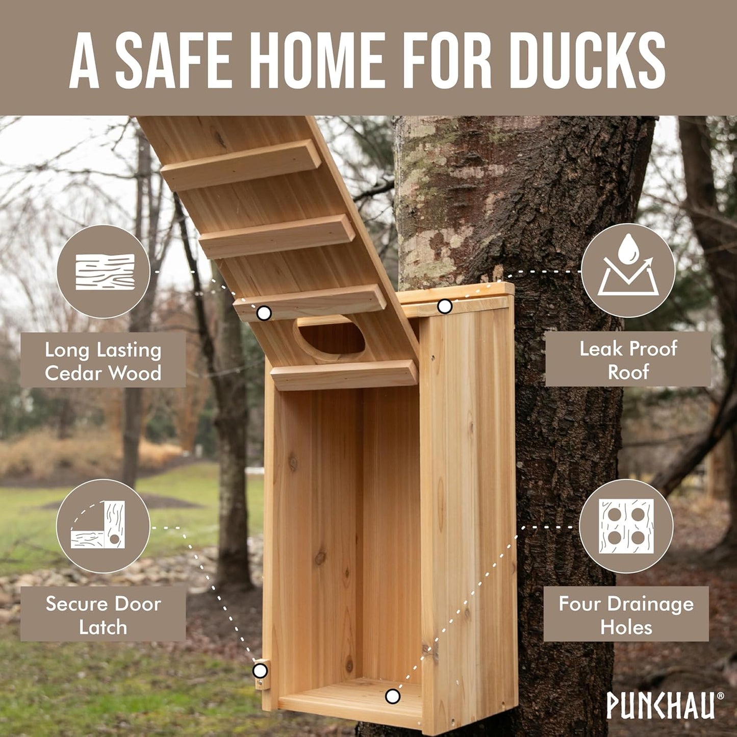 Cedar Wood Duck Houses for Outside - Outdoor Wood Duck Nesting Box and Shelter for Pond and Wetland Ducks - 22x10x10 Inches