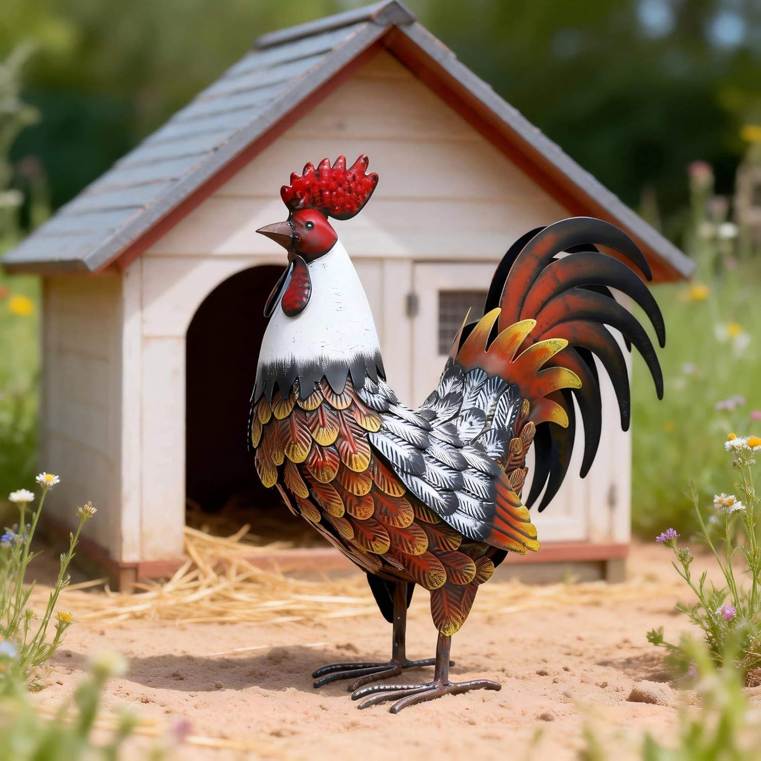 Kircust Garden Rooster Statues & Sculpture, Metal Chicken Animal Yard 