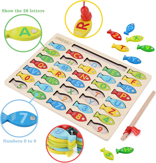 Magnetic Wooden Fishing Game Toy for Toddlers, Alphabet Fish Catching 