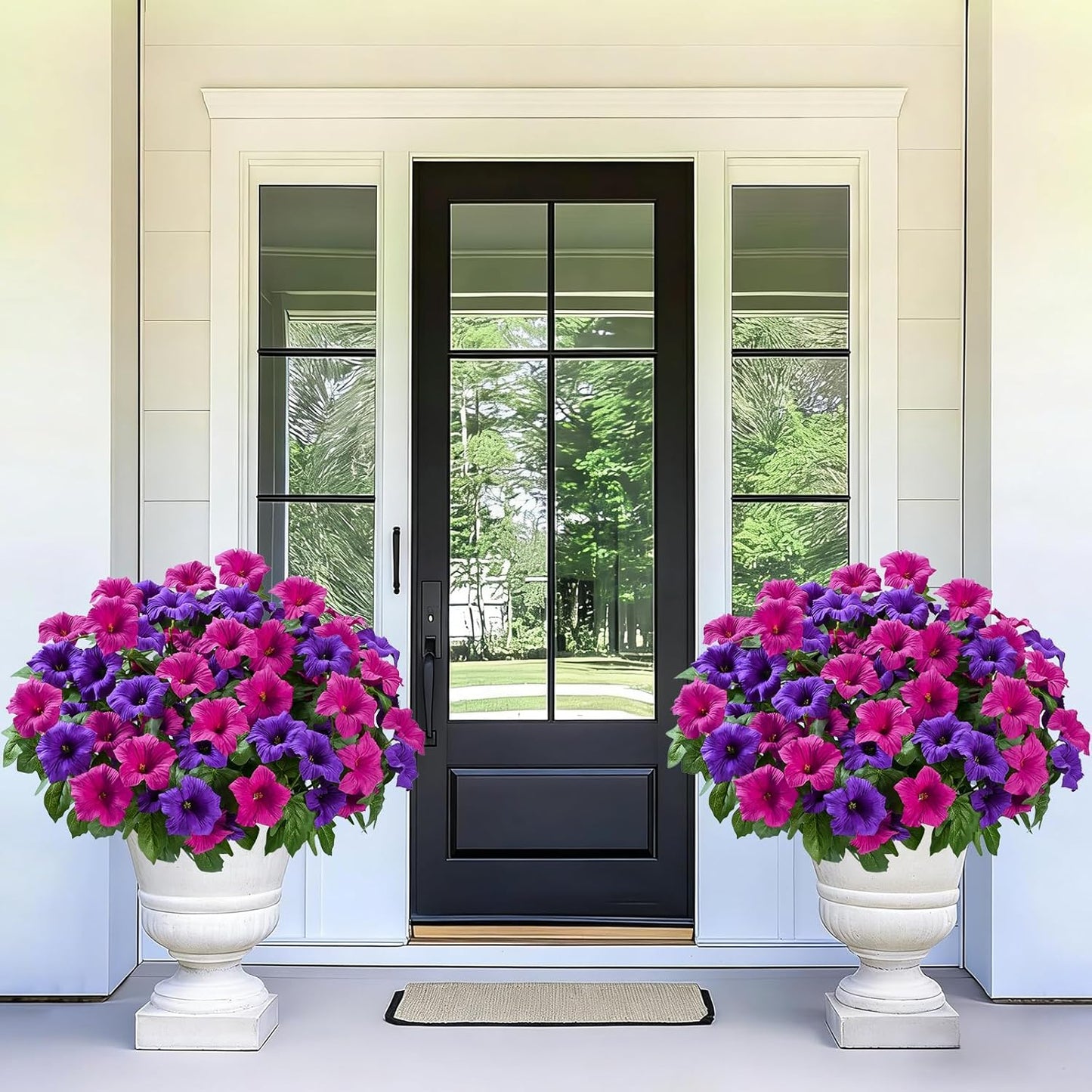 MARTINE MALL Artificial Flowers for Outdoors, 2 Potted Realistic Fake Outdoor Flowers, UV Resistant Silk Petunia Flower for Outside Look Real Faux Flower Plants in Pot for Porch Garden Decor, 20''