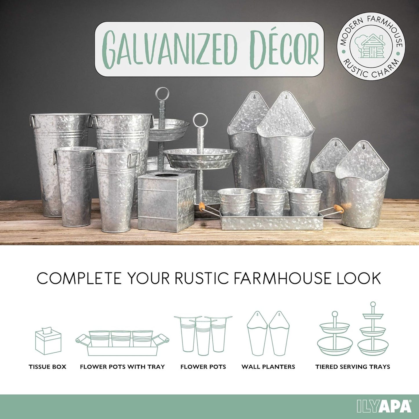 Ilyapa Galvanized Metal Flower Vase 3 Pack - 13" Tall Rustic Farmhouse Bucket Planter Pots