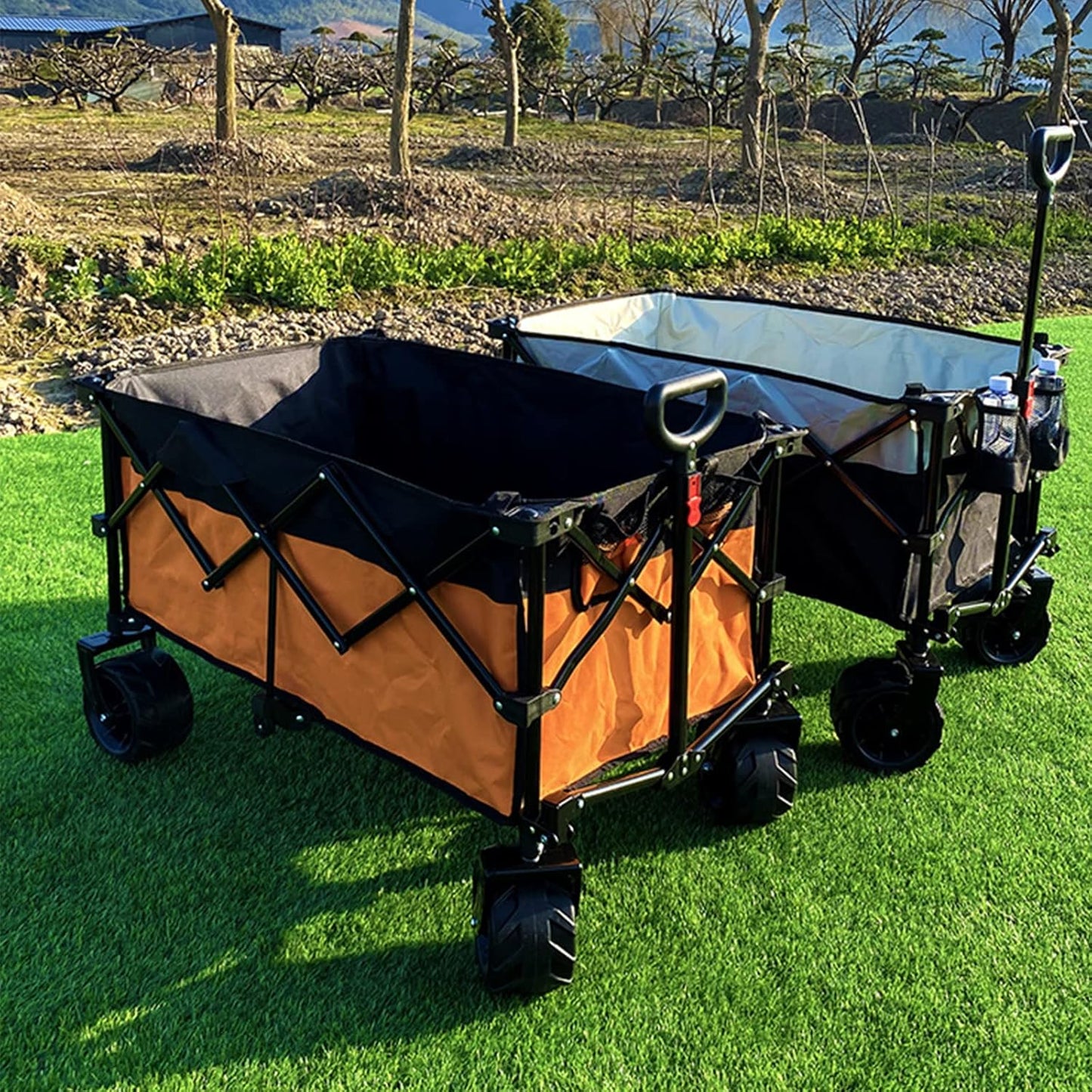 Collapsible Camping Cart Outdoor Utility Wagon Folding Portable Cart with Universal Wheels Adjustable Handle and Drink Holders