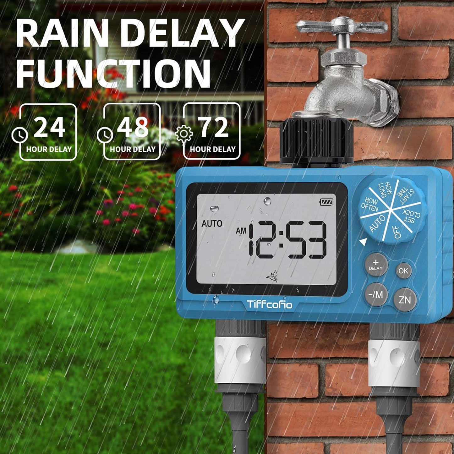 TiFFCOFiO Sprinkler Timer Outdoor, Digital Pogrammable for Garden Hose, Irrigrtion Timer with Rain Delay and Manual Mode (2 Oulets, 1 Pack)