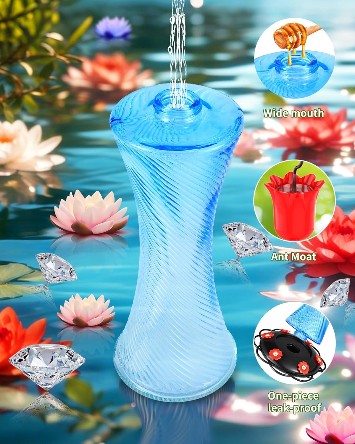 Hanging 20oz Glass Hummingbird Feeder with Moat, Small Outdoor Plastic