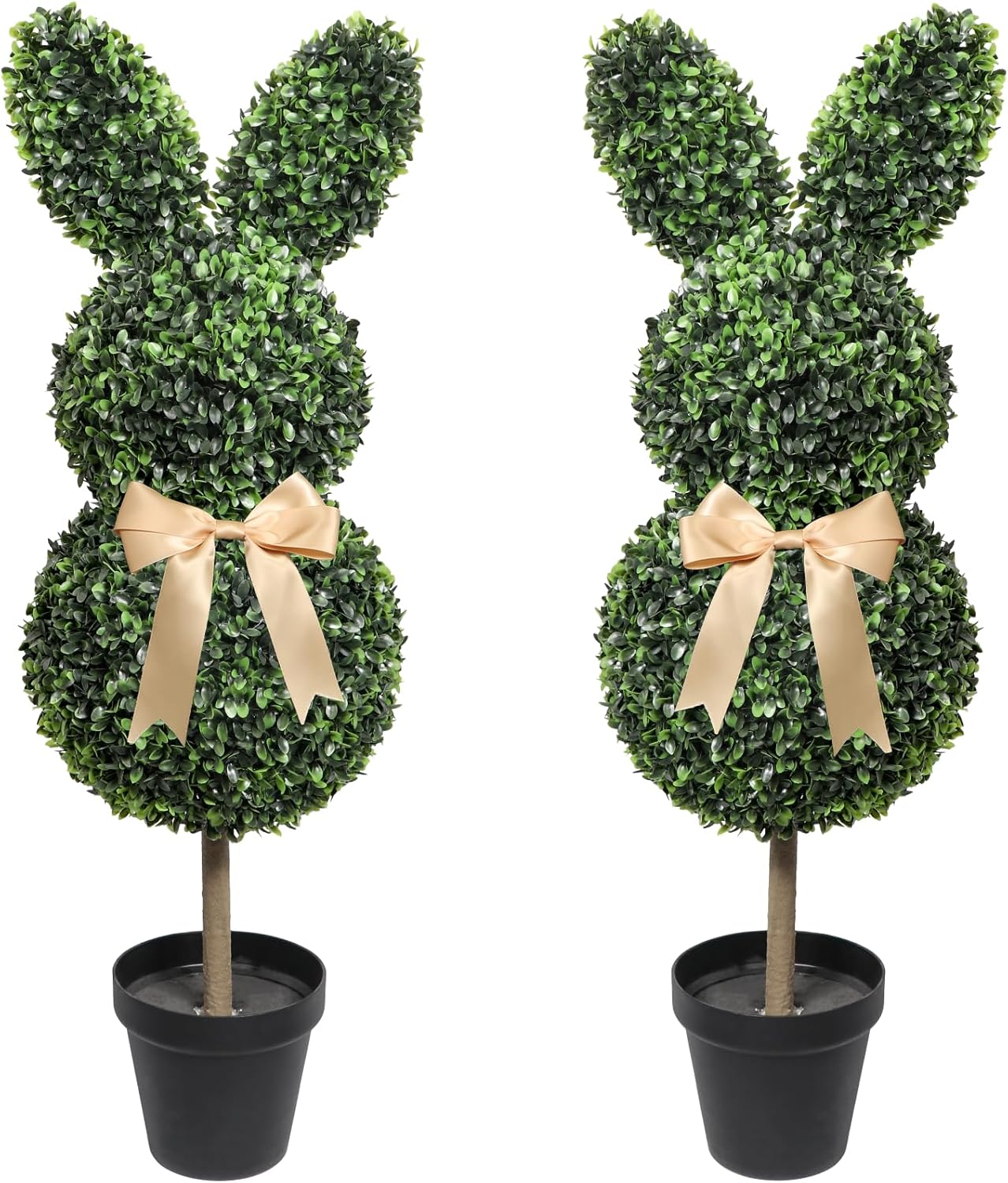 Artificial Bunny Shaped Topiary Tree with Bow, 2 Pcs Easter Rabbit Boxwood Topiaries Plant, 3 Ft Easter Decorations with Planter Pot, Spring Decor for Front Porch, Patio, Lawn, Backyard & Indoor Decor