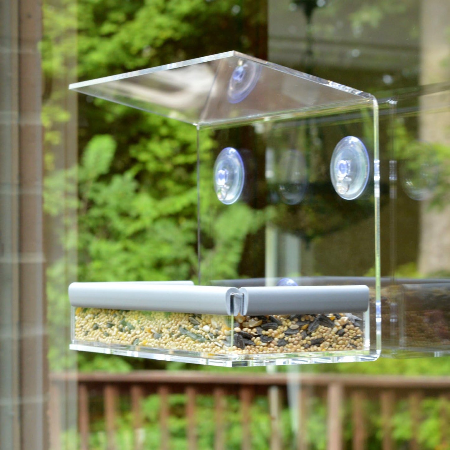PetFusion Tranquility Window Bird Feeder in Premium Lucite Acrylic. (I) Removable Tray, (II) 3 Perches, Clear