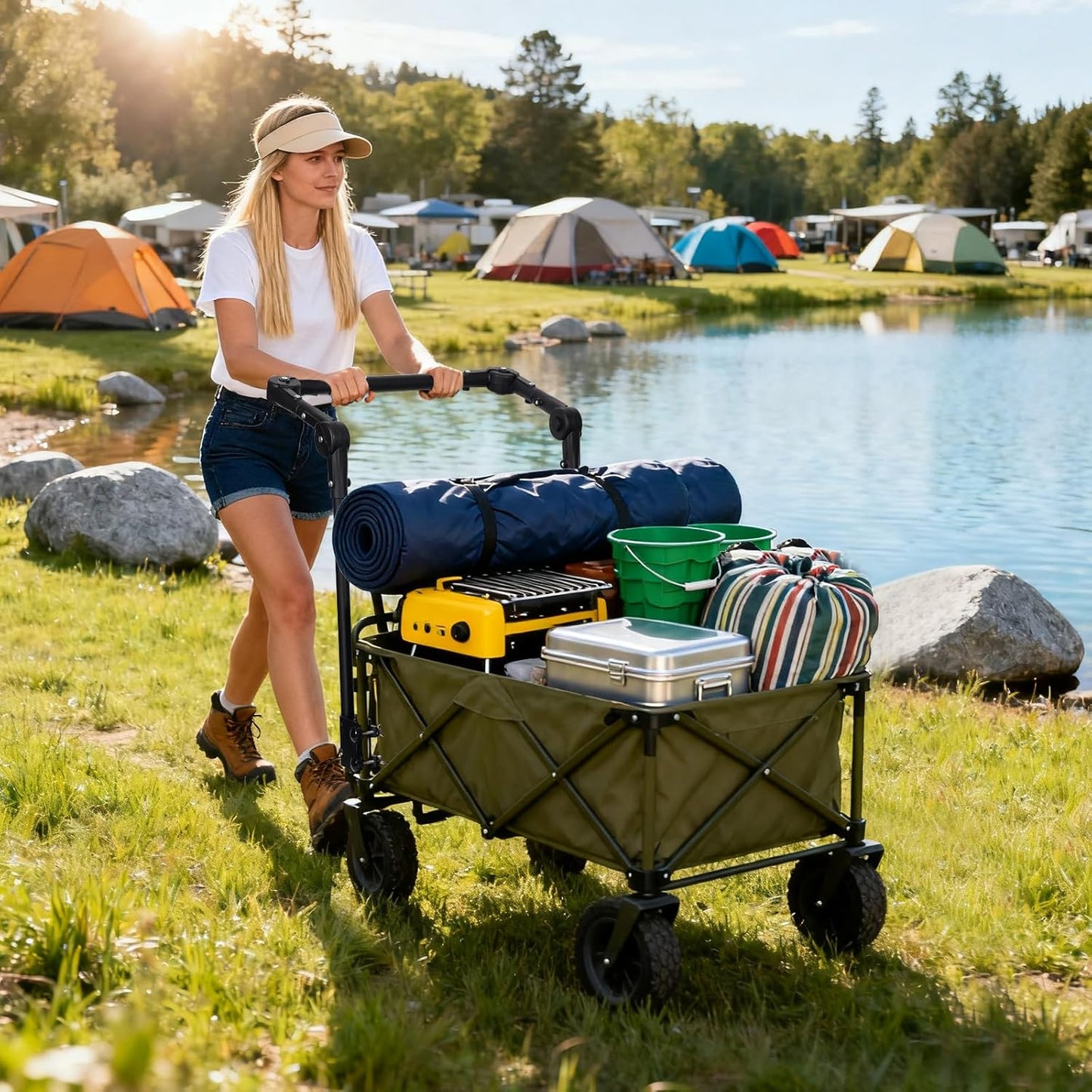 Adjustable Wagon Push Handle Attachment - Foldable Universal Push Pull Handle for Round/Square Frame Camping Wagons, Strollers, Beach Carts & Canopy Attachments with Stainless Steel Connectors