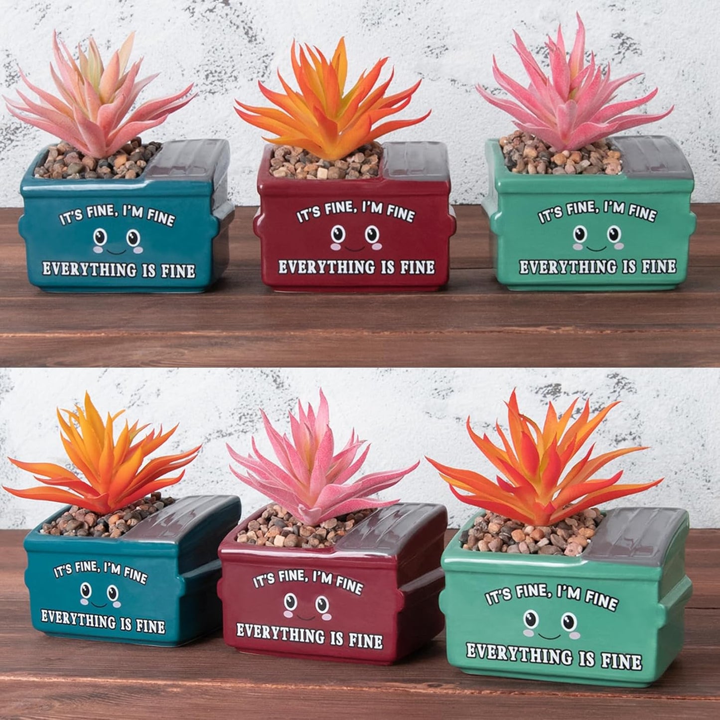 Emotional Support Dumpster Fire Desk Decor, Fake Plants in Ceramic Succulent Pots, Motivational Positive Thinking Office Desk Accessories, Funny Gifts for Women, Men, Coworkers