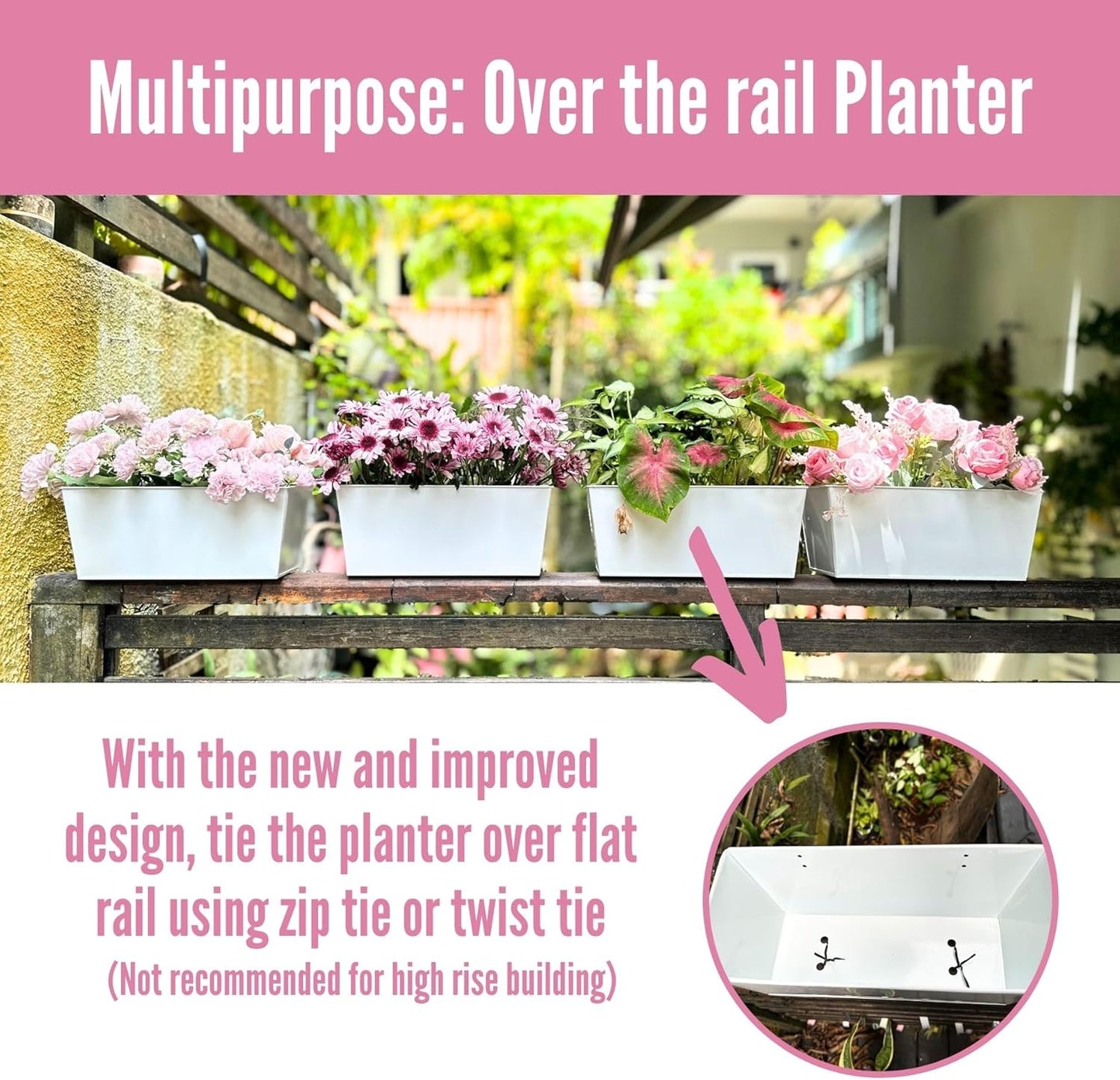 LaLaGreen Rail Planter Box (4 Pack, 16 Inch) Large White Metal Hanging Flower Pots, Rectangle Outdoor Strawberry Plant Holder Window Balcony Deck Railing Fence Minimalist Farmhouse Countryside Style