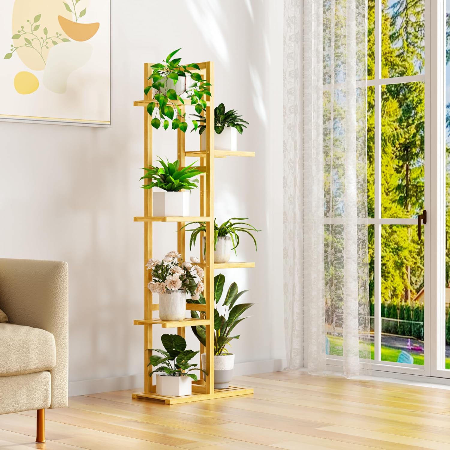 6 Tier Bamboo Plant Stand Indoor, Wood Tall Flower Holder Corner Tiere