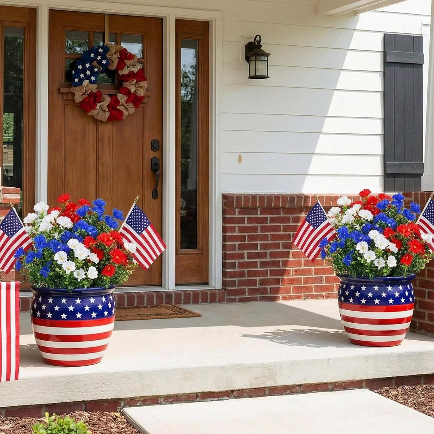 Dingion 12 Pcs Red White Blue Artificial Flower Petunias UV Resistant Patriotic Outdoor Decoration for July 4th Independence Day National Day Short Stem Plastic Flowers for Pot Window Planter Garden