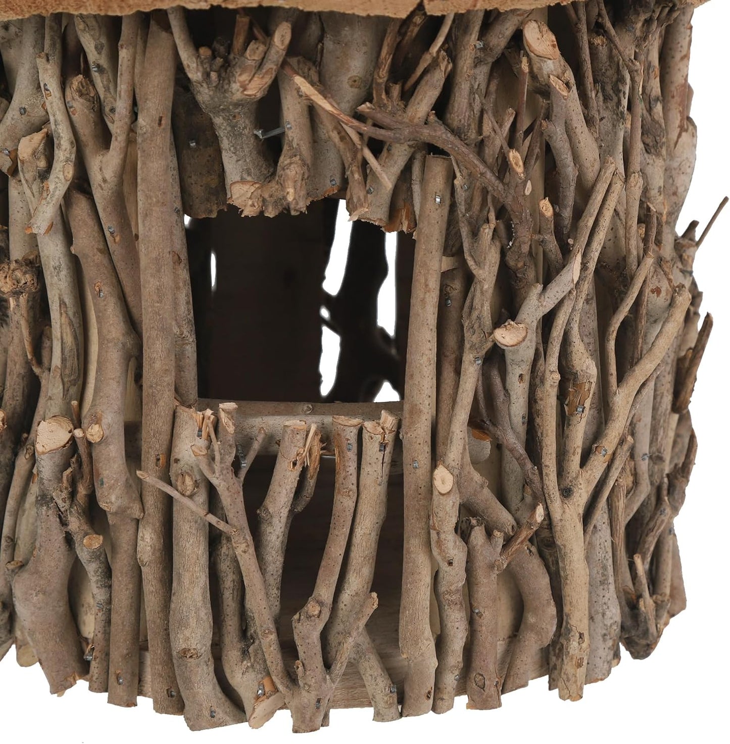 Twig-Covered Cylinder Birdhouse Squirrel House, 2.4" Entry for Medium Birds, Natural Branch Exterior & Waterproof Interior, Woodland Garden Backyard Decor