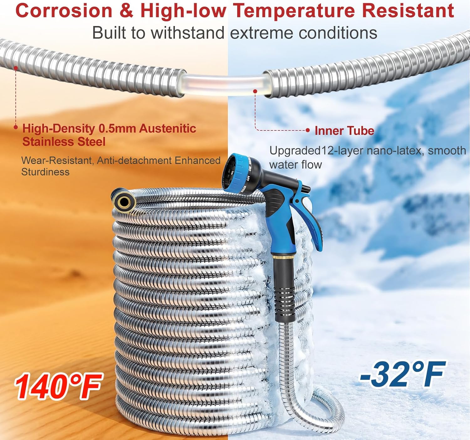 Lefree 100ft Metal Garden Hose - Heavy Duty 304 Stainless Steel Flexib