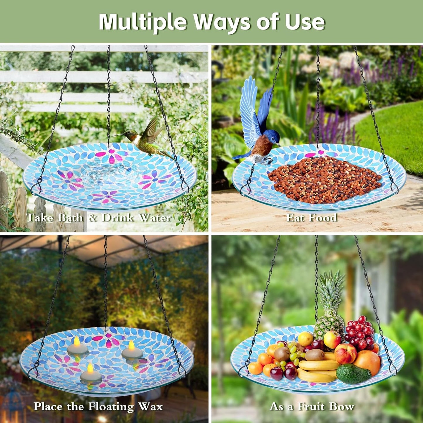MUMTOP Mosaic Hanging Bird Bath-Bird Baths for Outdoors - 12 Inch Glas