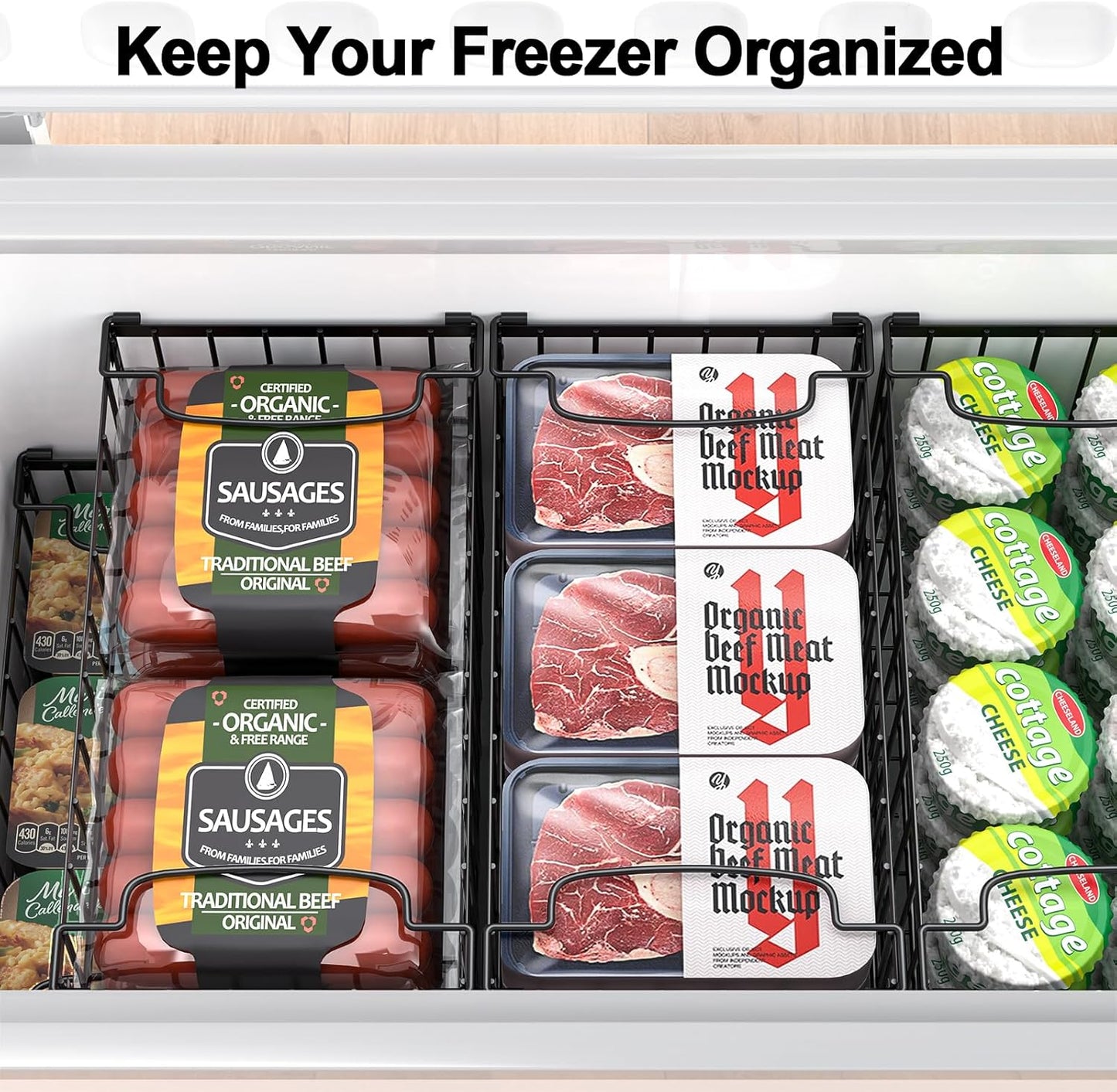 Freezer Organizer Bins, 4 Pack Stackable Deep Chest Freezer Organizer Bins, Foldable Baskets with Handles, Black Storage Container Baskets for 5/ 7 Cu.FT Deep Freezer Sort Frozen Meats